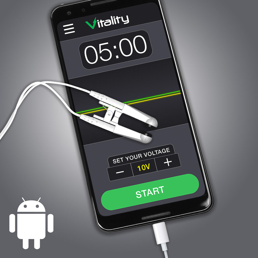 Vitality Smartcable ear-clip wellness device connected to Android phone