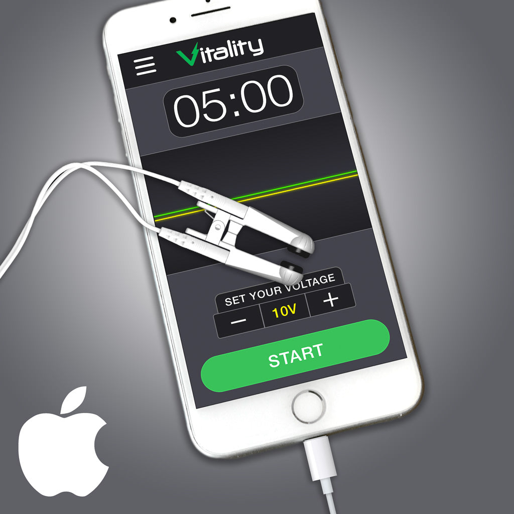 Vitality Smartcable ear-clip wellness device connected to iPhone
