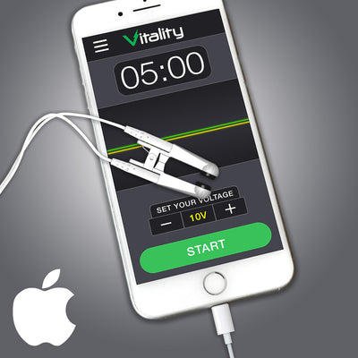 Vitality Smartcable ear-clip wellness device connected to iPhone